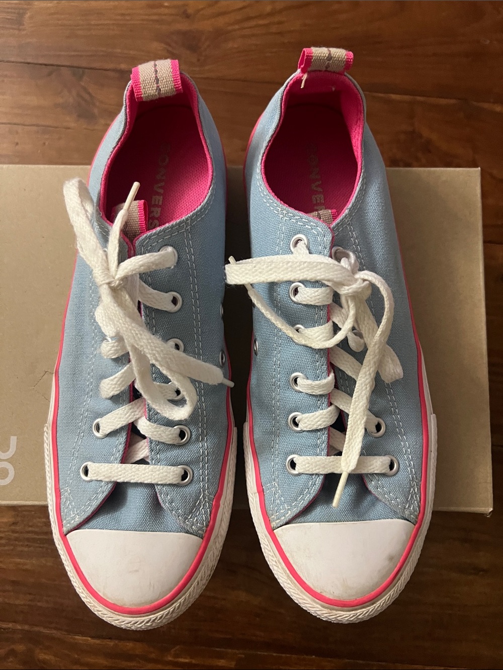 Converse Kids Low Top Canvas Sneakers in Light Blue and Hot Pink